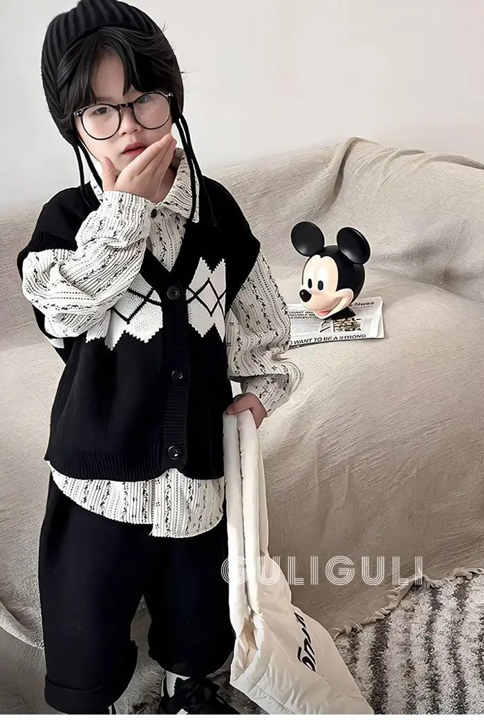 Kids Sets Vests Shirts Sweaters Long Pants New 2024 Autumn Fashion Korean Casual Simple Style Baggy Warm