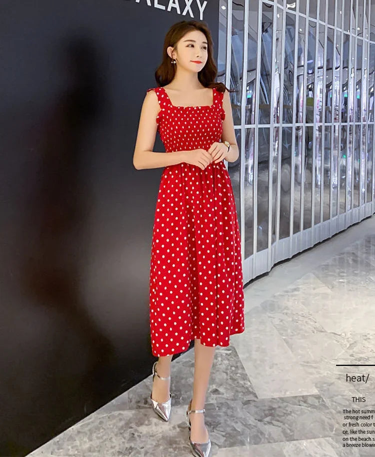 robe femme Summer Polka Dot Womens Dresses Elegant Square Neck Sleeveless Chiffon Long Dress Super Discount vestidos para mujer