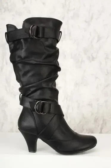 Sexy Women's Boots Mid Calf New Fashion Casual Boot 3CM Square Heel Metal Decoration Belt Buckle Evening Dress Pumps Women Shoes