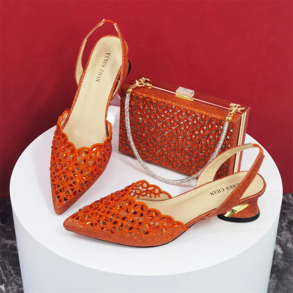 Ladies Italian High Heel and Bag Set Golden Color Italian Shoe with Matching Bag Set 2024 Nigerian Shoes and Bag Set for Party