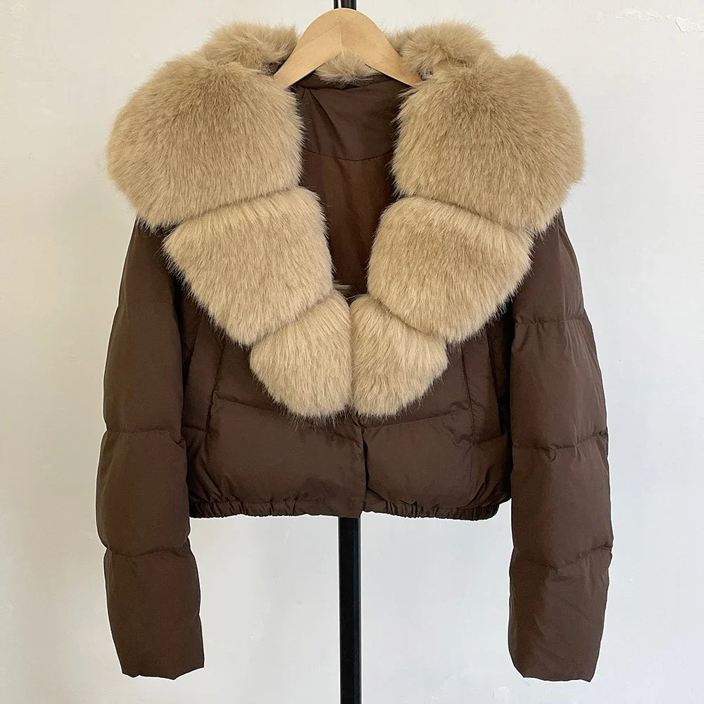 Faux Fur Collar Puffer Jacket Fashion Fake Fur Women Fur Coat Eco-friendly Winter Short White Duck Down Jacket Warm Clothing
