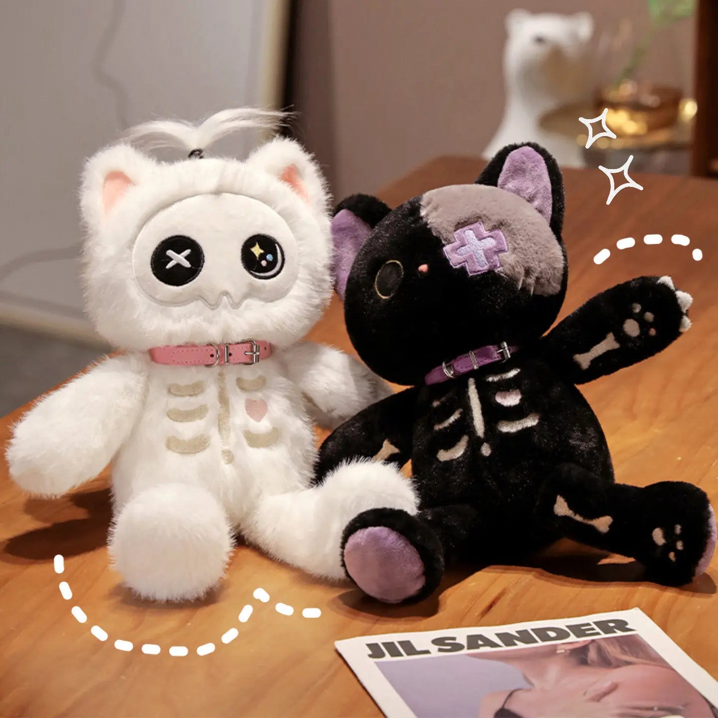 35cm Kawaii Black Serie Skeleton Cat Soft Plush Toy Creative Stuffed Animal Fluffly Gothic Skull Kitten for Kids Halloween Gifts