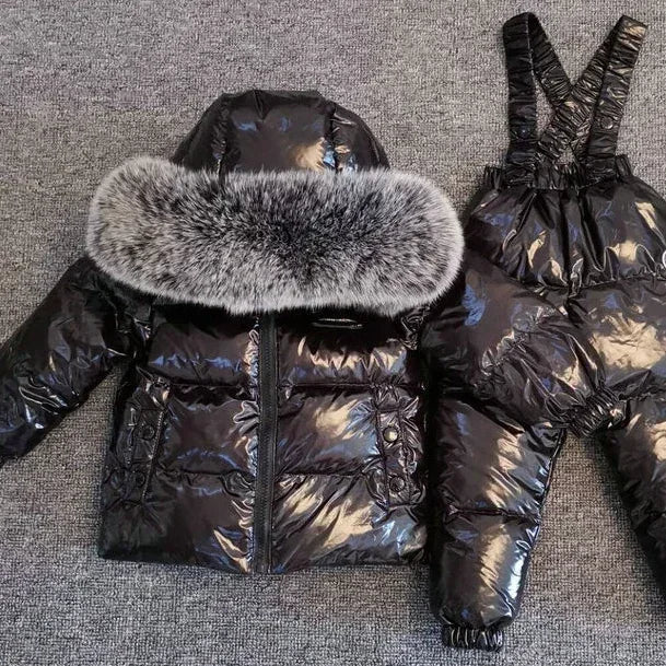 New Winter 2023 Kids Boutique Clothing 2 Pieces Sets Down Jacket Suspender Trousers Big Fur Collar Warm Soft Unisex Ski Suit