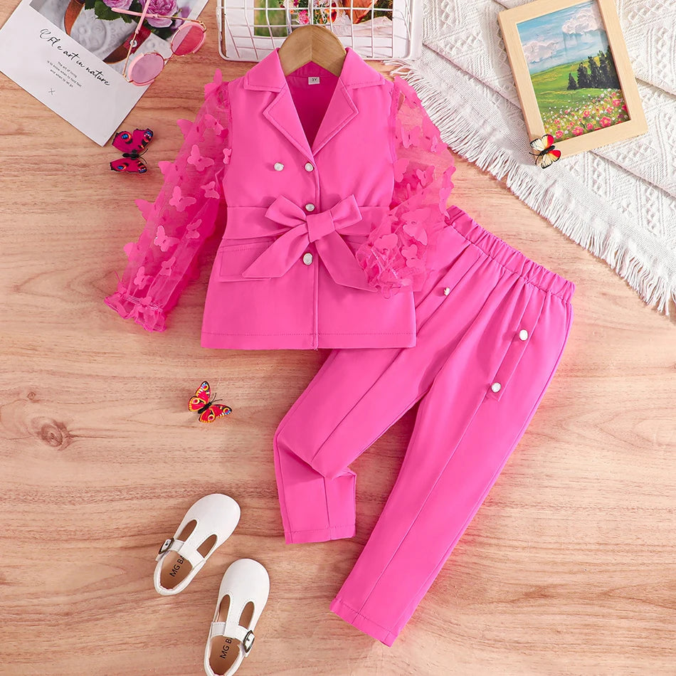 Children Clothing Stylish Girls Kids Autumn Winter Long Sleeve Bow-Tie Mesh-Sleeved Suit Pant Set Everyday Wear Children Sets