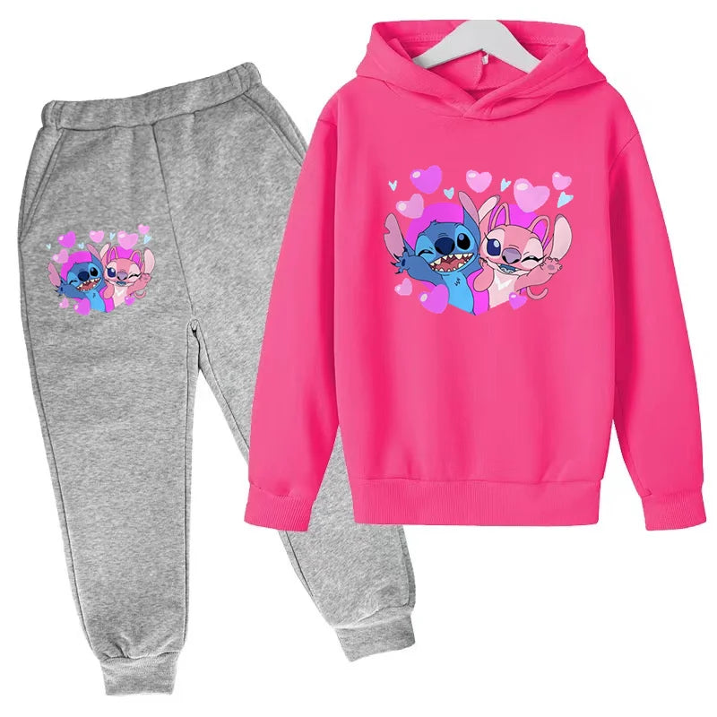 New Cute Stitch Hoodies Sweatshirts Girls Clothes Children's Clothing Sets Child Girl Tops+Pants 2 Pcs Suits Boys Tracksuits Set