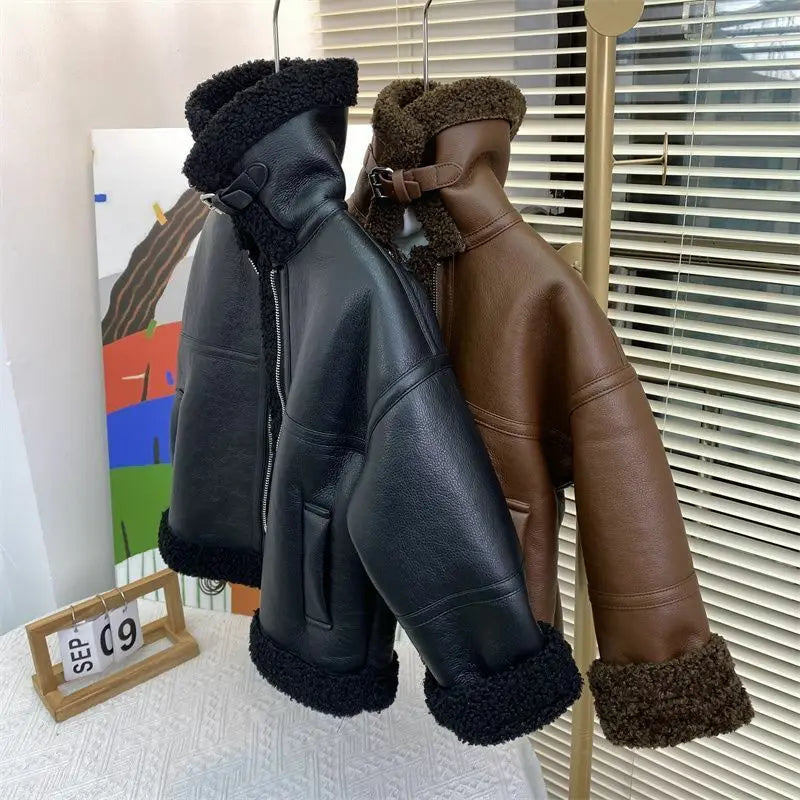 Autumn Winter Boys New Fashion PU Leather Jacket Keep Warm Thicken  Winter Coats PU Leather  Girls Warm Fleece Jacket