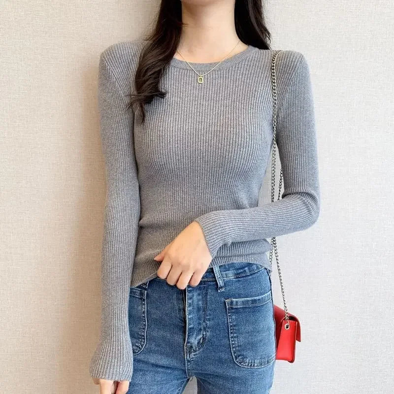 Rimocy 2025 Basic O-Neck Slim Fit Pullover for Women Spring Autumn Long Sleeve Knitted Sweaters Woman Solid Wild Women's Jumper