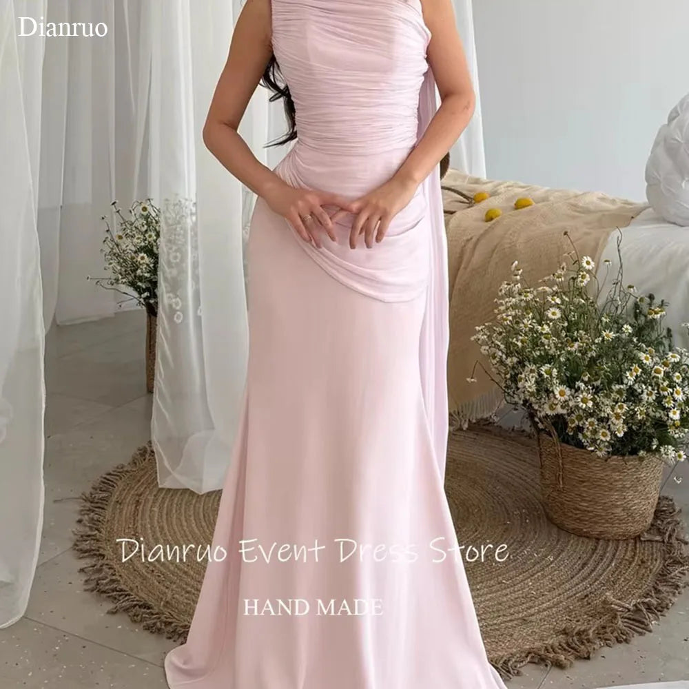 Dianruo Graceful Pink Ruched Evening Dress Chiffon Draped Ribbons Party Gown Lace Up Back A Line Robe Soirée Femme Customized