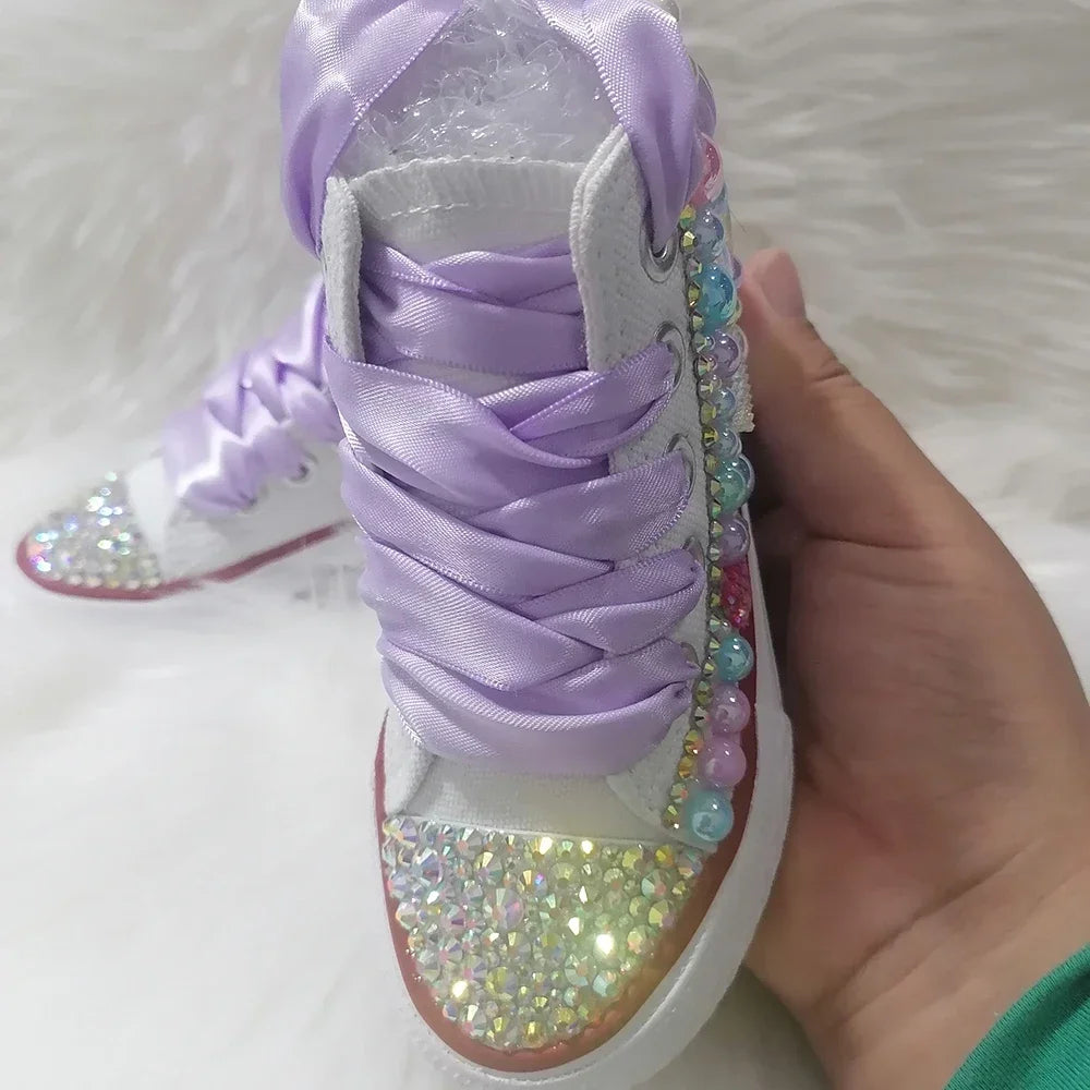 Handmade Rhinestones Bling Girls Womens Kids And Mother Candy Canvas Shoes Pearls Sneakers For Girl Birthday Party Wedding