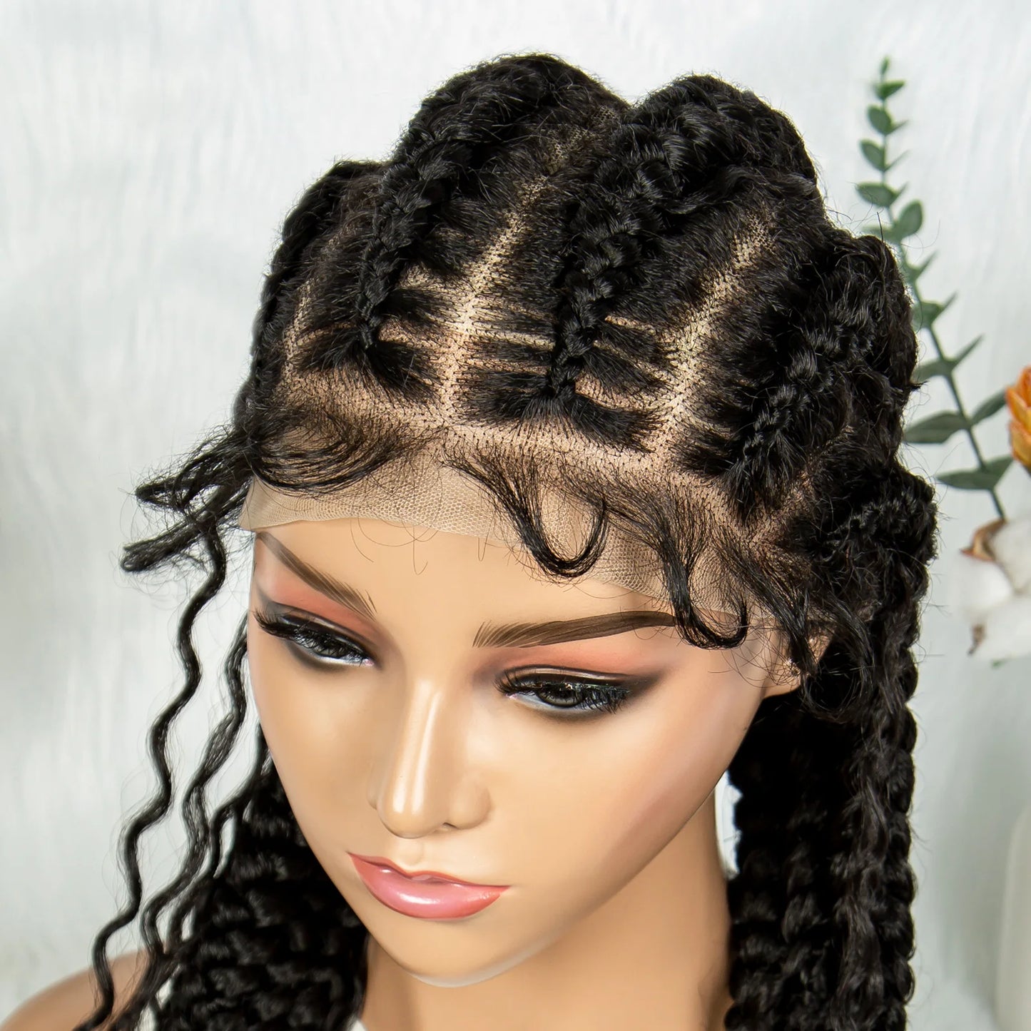 Cornrow Braided Wigs with Curly Ends Knotless Lace Frontal Braids Wig Synthetic Full Lace Braided Wigs with Baby Hair for Women