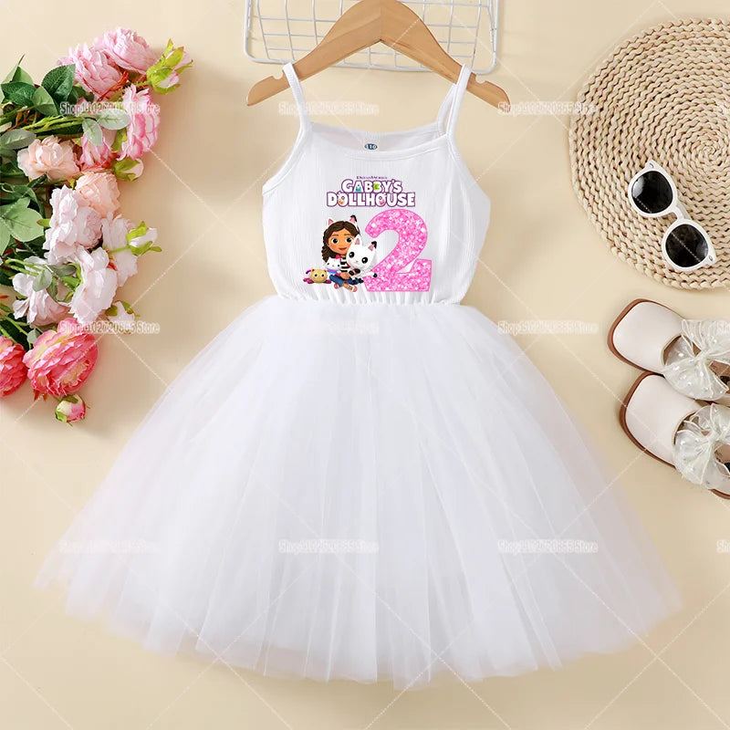 Gabby Dollhouse Suspenders Dress Puffy Cute Cartoon Anime Summer Girls Dresses Mesh Baby Kids Trend Princess Skirt Birthday Gift