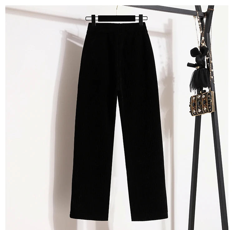 New 2024 Winter Pants For Women Thick Velvet High Elastic Waist White Or Black Chenille Pants Women Streetwear Wide Leg Trousers