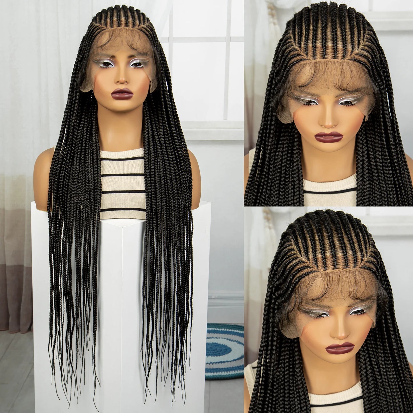 Full Lace Cornrow Braided Wigs 36inch Synthetic Natural Box Braided Lace Wigs with Baby Hair for Black Women