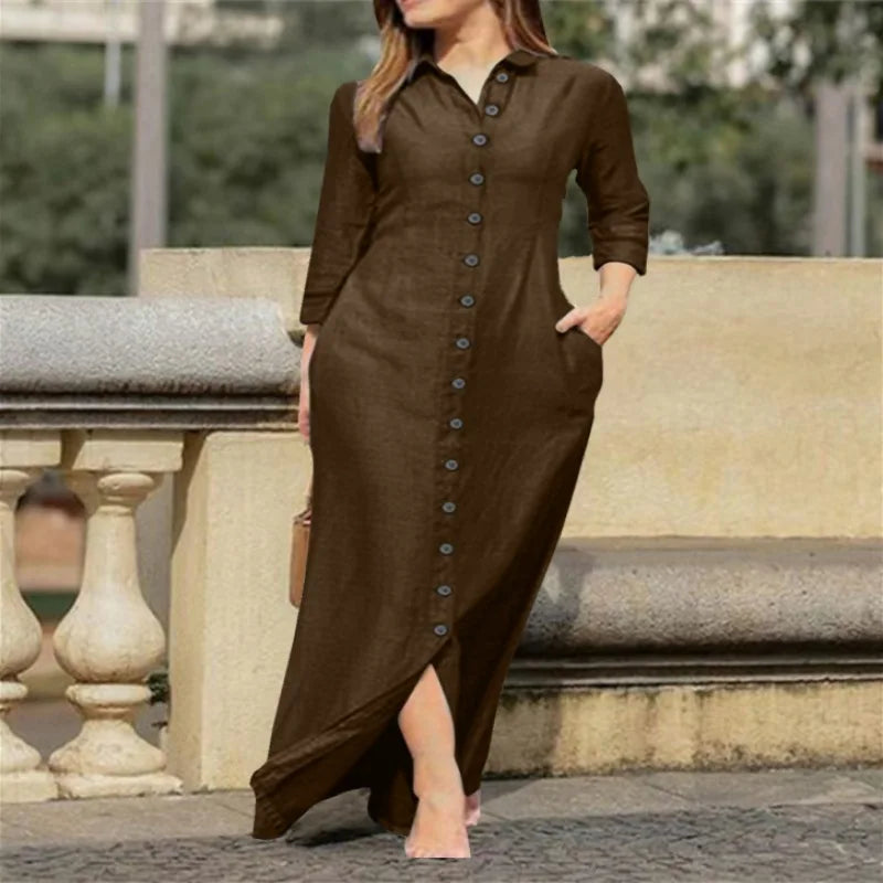 Autumn Women's Clothing Style Elegant Fashionable Neutral Style Long Sleeved Lapel Cardigan Solid Color Long Cotton Linen Dress