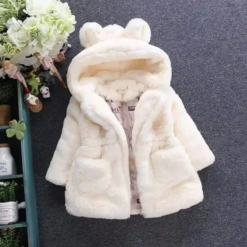Winter Girl's Coat Furry New Hooded Bear Solid Color Long-sleeved Coat Thick Warm Cute Girls All Fashion Shawl