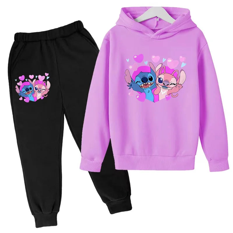 New Cute Stitch Hoodies Sweatshirts Girls Clothes Children's Clothing Sets Child Girl Tops+Pants 2 Pcs Suits Boys Tracksuits Set