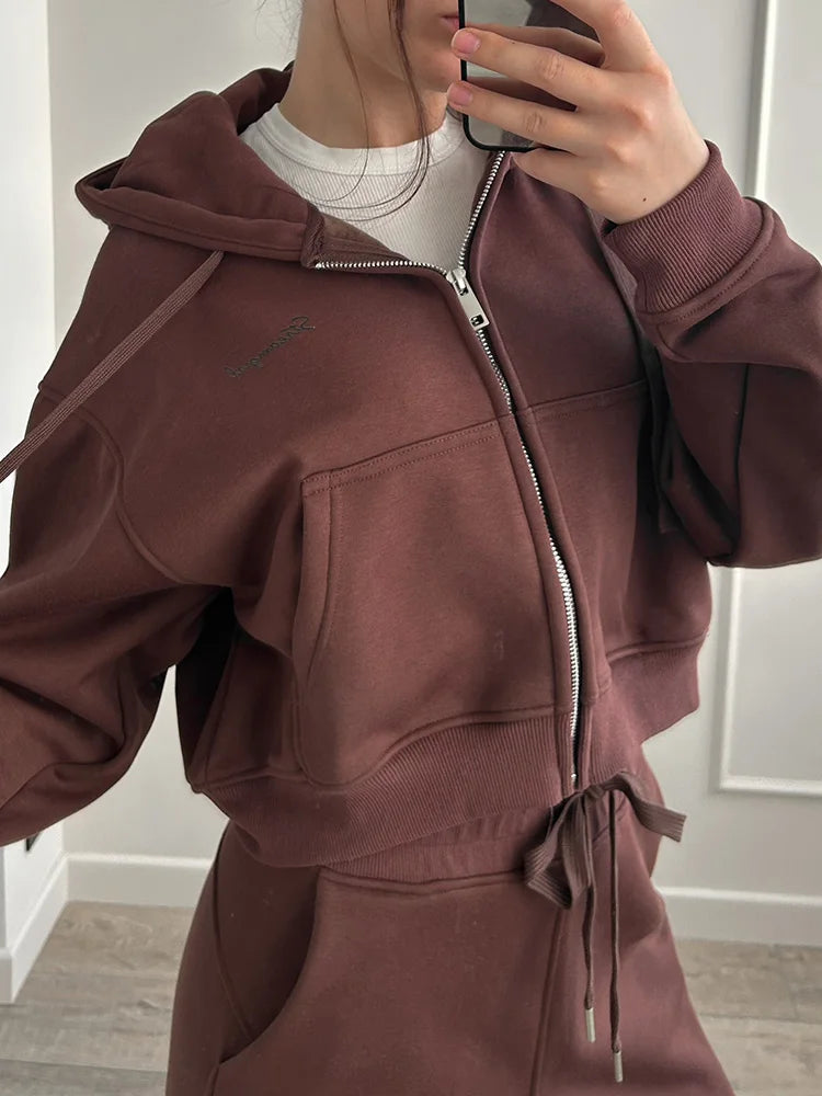 Women Tracksuits Winter Fleece Sweatsuit Brown Warm Crop Zipper Hoodies And Sweatpants Set For Women 2 Piece Velvet Pants Sets