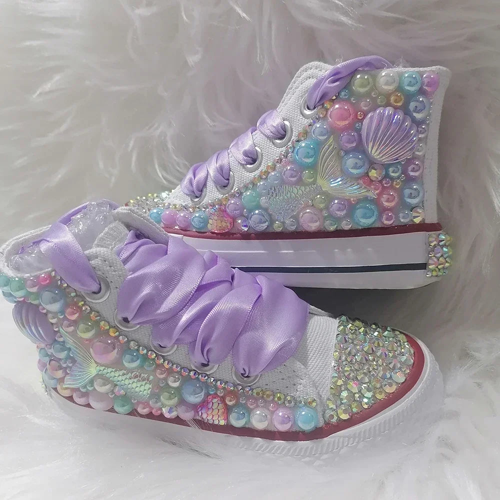 Handmade Rhinestones Bling Girls Womens Kids And Mother Candy Canvas Shoes Pearls Sneakers For Girl Birthday Party Wedding