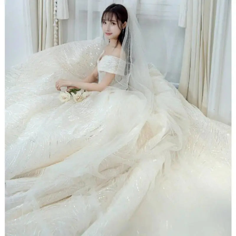 Ezkuntza Luxury Shiny Wedding Dress Sweetheart Bridal Gown Off The Shoulder Vestido De Noiva Robe De Mariee Customized