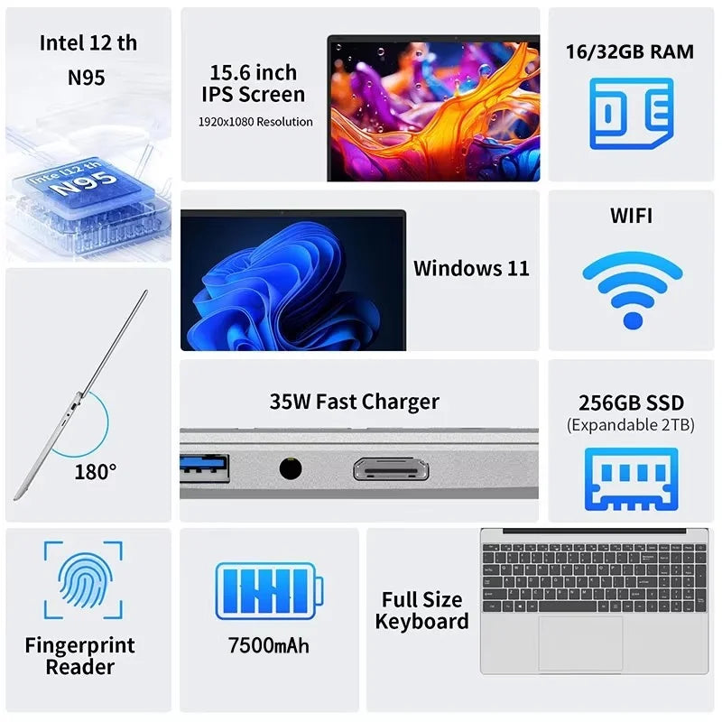 New Ultra Slim Laptop 15.6" Intel N95 32GB 2048GB 7500mAh Large Battery Windows 11 Pro  Notebook Gamer Fingerprint Unlock
