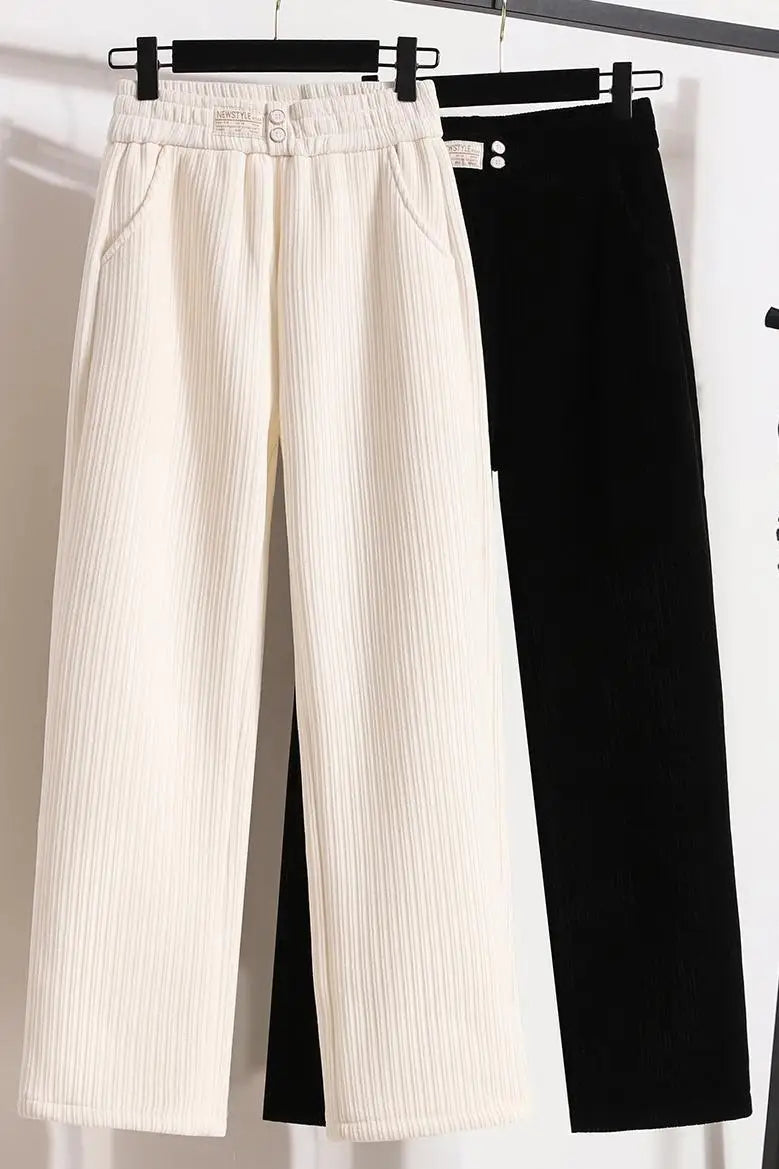 New 2024 Winter Pants For Women Thick Velvet High Elastic Waist White Or Black Chenille Pants Women Streetwear Wide Leg Trousers