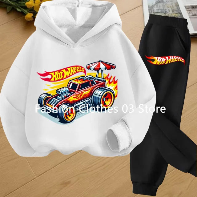 Fashion Sweatshirt Casual Sportswear Kids Clothing Hot Wheels Car Game Printed Hoodie Coat 3-12 Yrs Boys Girls Toddler Top+pants