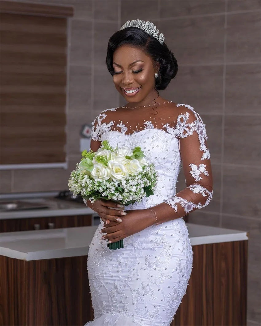 Customized African Luxury Beading Mermaid Wedding Dress Long Sleeve Appliques Pearls Wedding Gowns Black Bride Vestido de noiva
