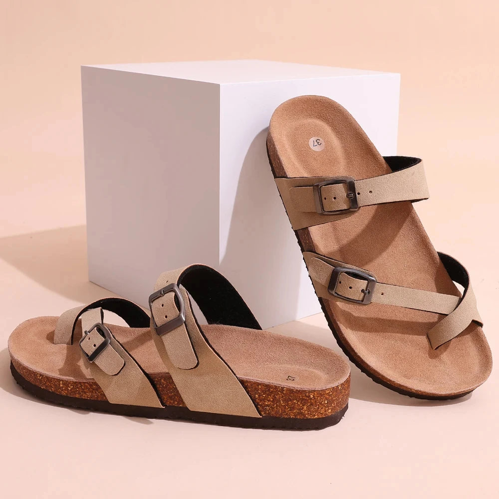 Kidmi New Fashion Women's Sandals Summer Cork Clogs Sandals Classic Women Mules Soft Suede Beach Slides With Adjustable Buckle