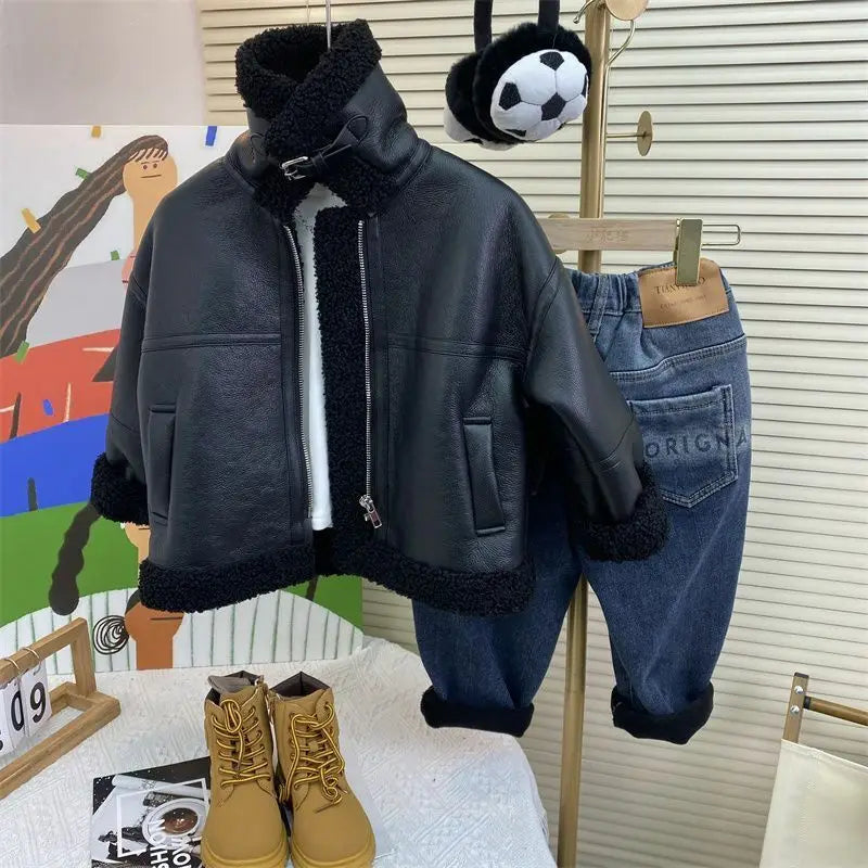 Autumn Winter Boys New Fashion PU Leather Jacket Keep Warm Thicken  Winter Coats PU Leather  Girls Warm Fleece Jacket