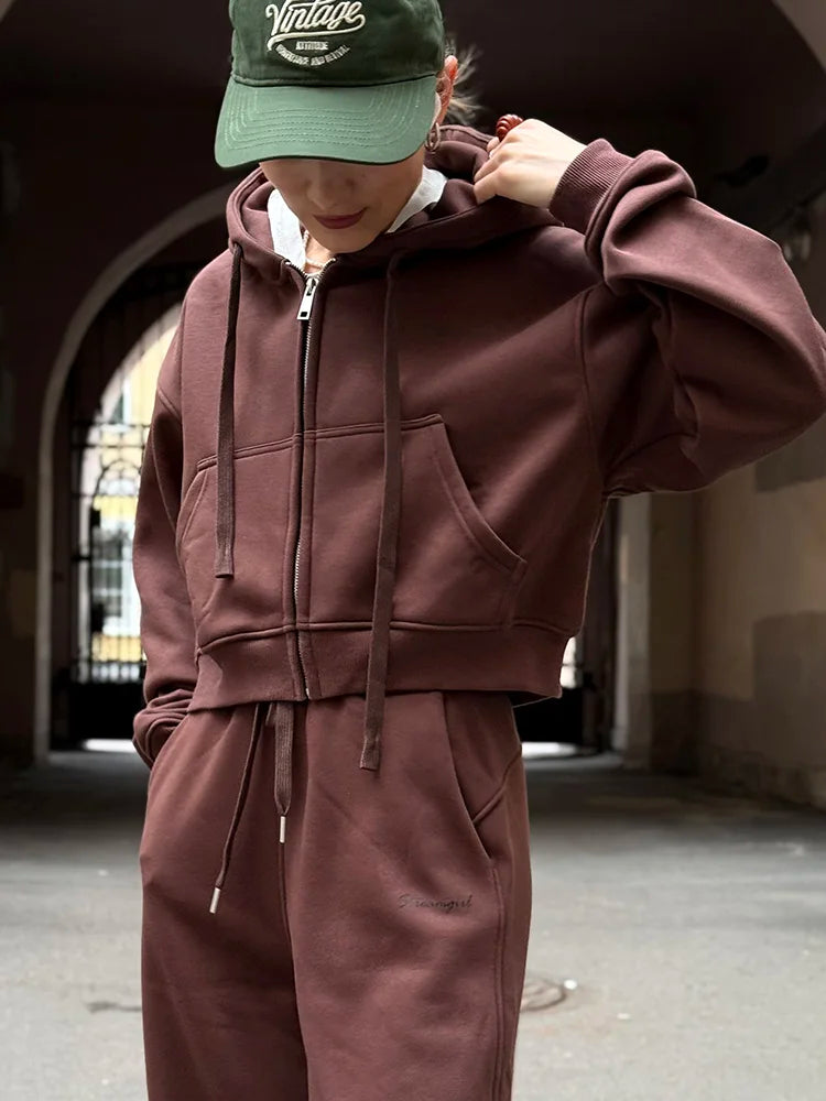 Women Tracksuits Winter Fleece Sweatsuit Brown Warm Crop Zipper Hoodies And Sweatpants Set For Women 2 Piece Velvet Pants Sets