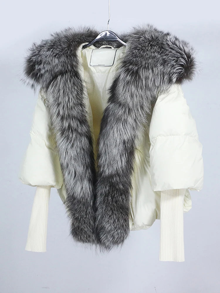 OFTUBY 2023 White Duck Down Jacket Winter Women Warm Loose Coat Natural Real Fox Fur Collar Thick Luxury Outerwear New Fashion