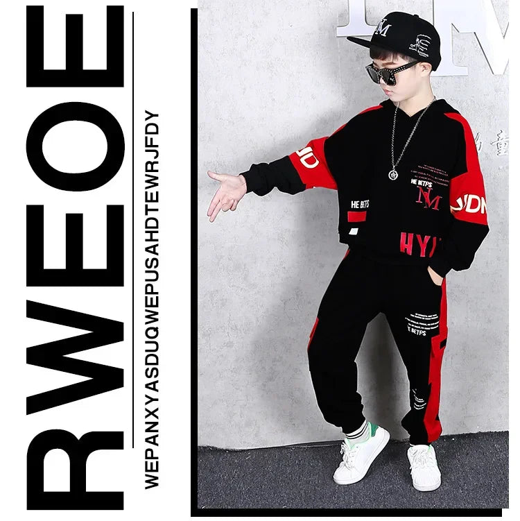 2025 spring autumn children Boy Clothes Teenager tracksuit letters Hooded Top Shirts Sweatshirt + Ankle-tie Pant 5 10 11 12 year