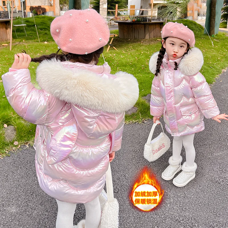 New Winter Coats Girls Warm Long Down Jackets Kids Fashion Unicorn Shiny Waterproof Parka Children Fur Collar Hooded Outerwear