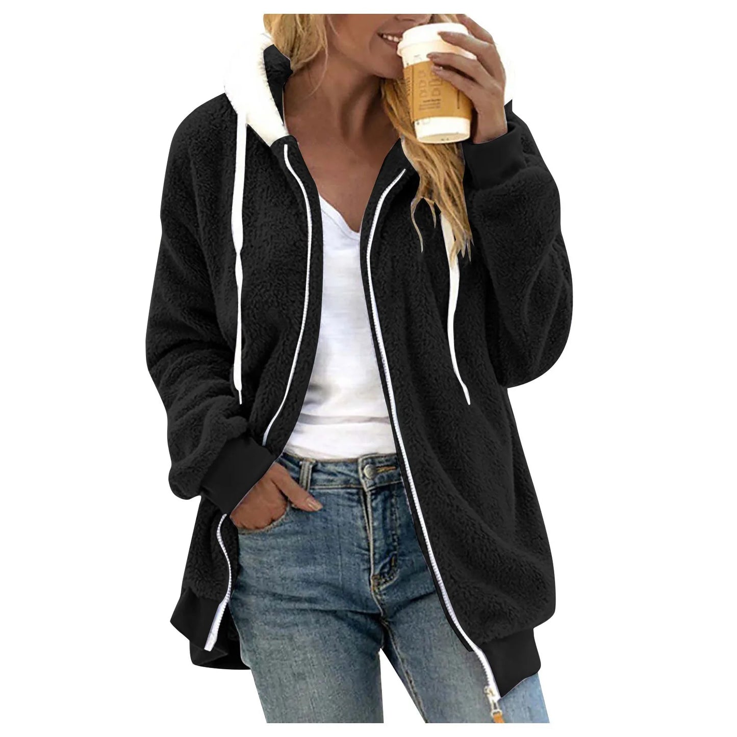 Winter Fashion Women's Coat New Casual Hooded Zipper Ladies Clothes Cashmere Women Fleece Jacket Solid Color Ladies Coats