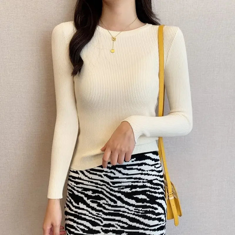 Rimocy 2025 Basic O-Neck Slim Fit Pullover for Women Spring Autumn Long Sleeve Knitted Sweaters Woman Solid Wild Women's Jumper