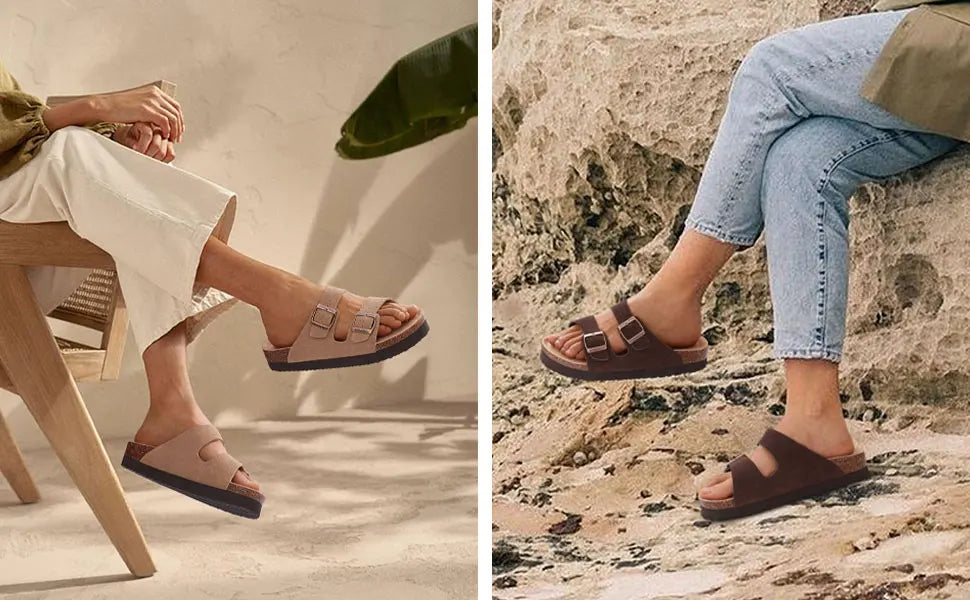 Kidmi New Fashion Women's Sandals Summer Cork Clogs Sandals Classic Women Mules Soft Suede Beach Slides With Adjustable Buckle