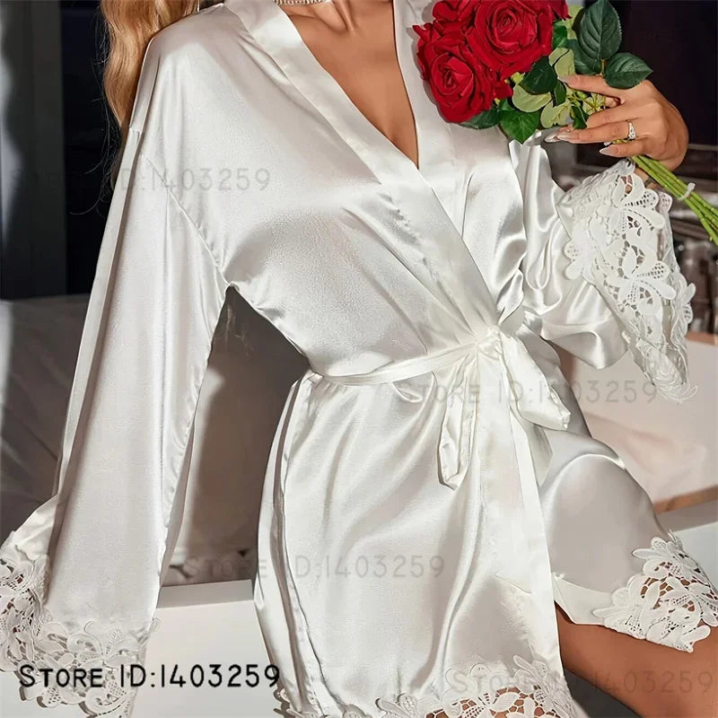 Sexy Bride Wedding Robe Home Dress Elegant Lace Embroidery Bride Negligee Kimono Gown Loose Silk Satin Sleepwear Nightgown