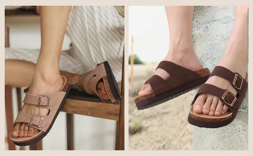 Kidmi New Fashion Women's Sandals Summer Cork Clogs Sandals Classic Women Mules Soft Suede Beach Slides With Adjustable Buckle