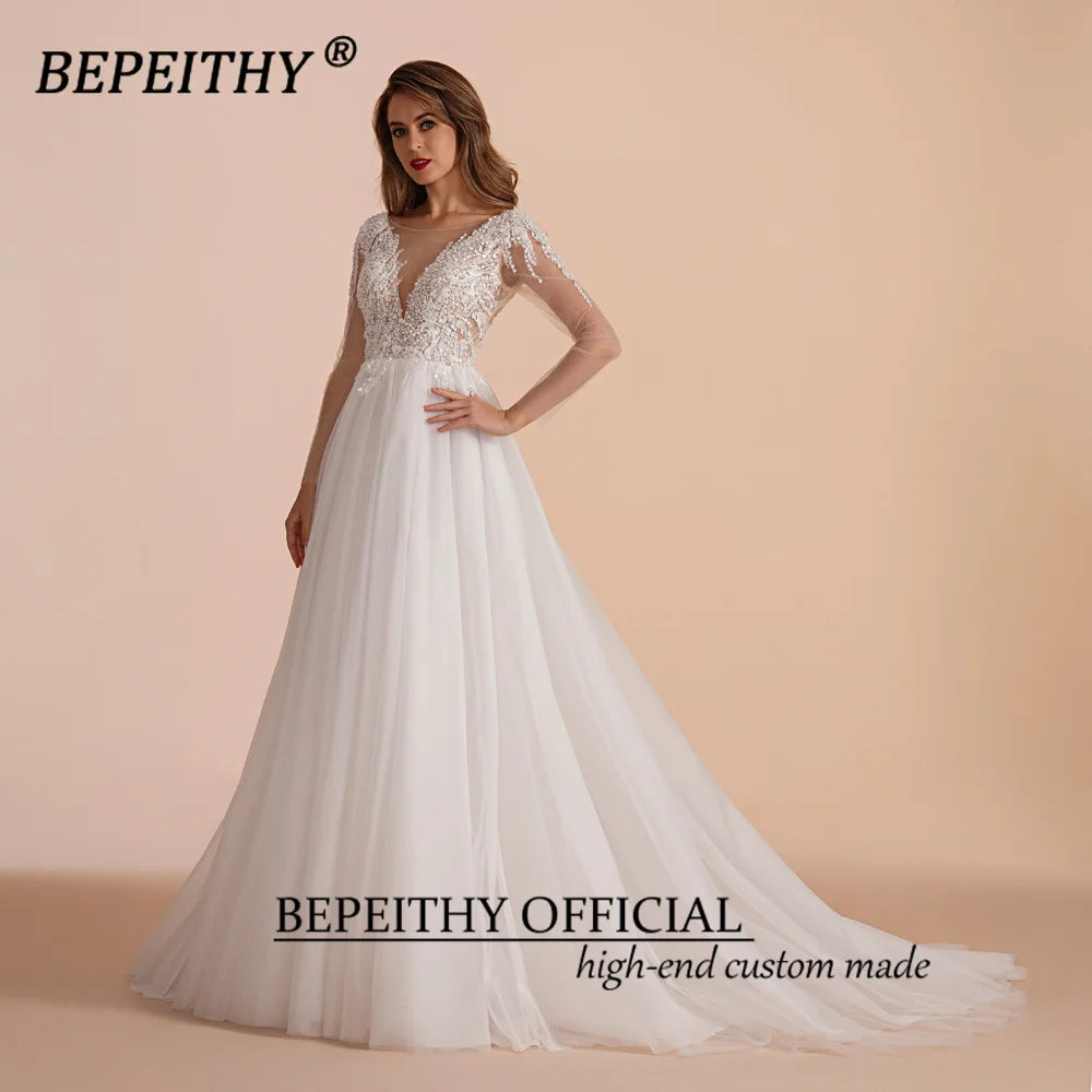 BEPEITHY Customized Scoop Long Sleeves Beading Bodice Wedding Dresses 2023 For Women Bride A Line Floor Length Bridal Party Gown