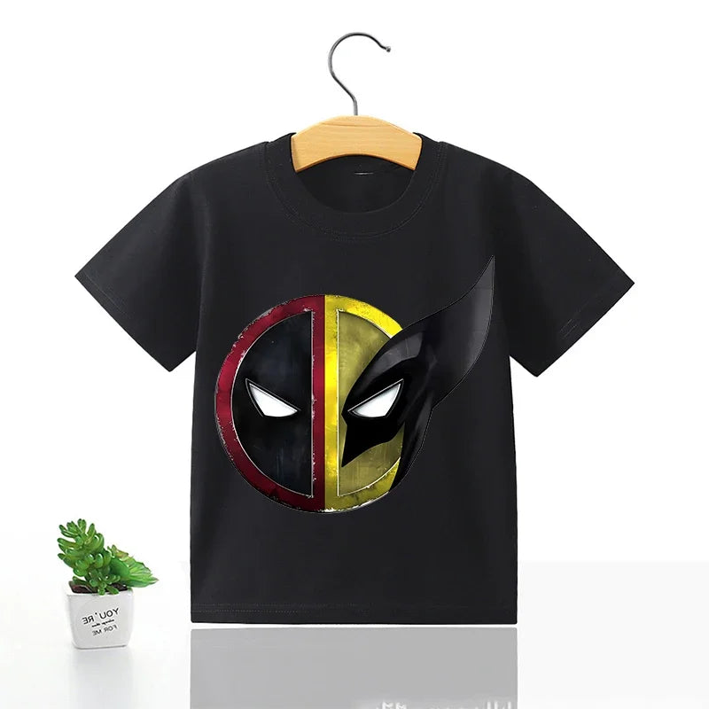 Deadpool & Wolverine Black T-shirt  Summer Pop Clothing Cartoon Round Neck Loose Marvels Movie Character Children Birthday Gift