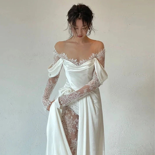 Satin Wedding Dresses With Small Train Vintage Lace Bride Dress A-line Full Sleeve Boho Wedding Gowns Vestido  Noiva Customized