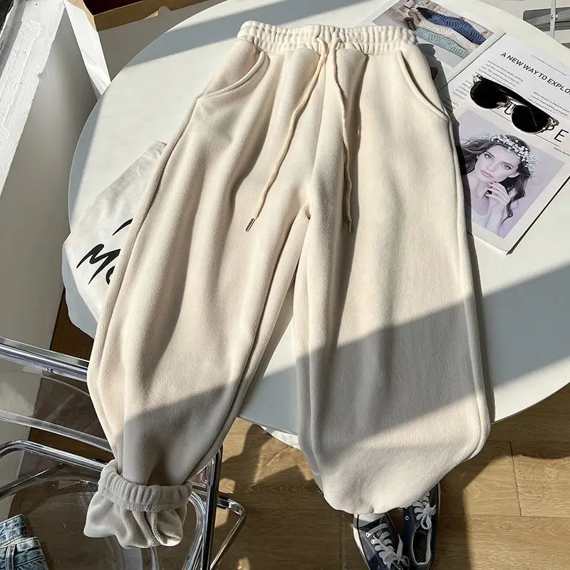 Women Winter Thick Warm Trousers Warm Double-sided Polar Fleece Harem Pants Casual Sports High Waist Comfortable Baggy Long Pant