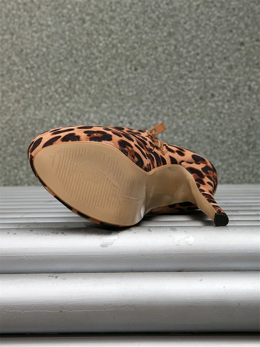 Plus Size 35-46 Sexy Leopard Pattern Women Ankle Boots Round Toe Zipper Super High Heels 2025 Autumn Female Platform Party Shoes