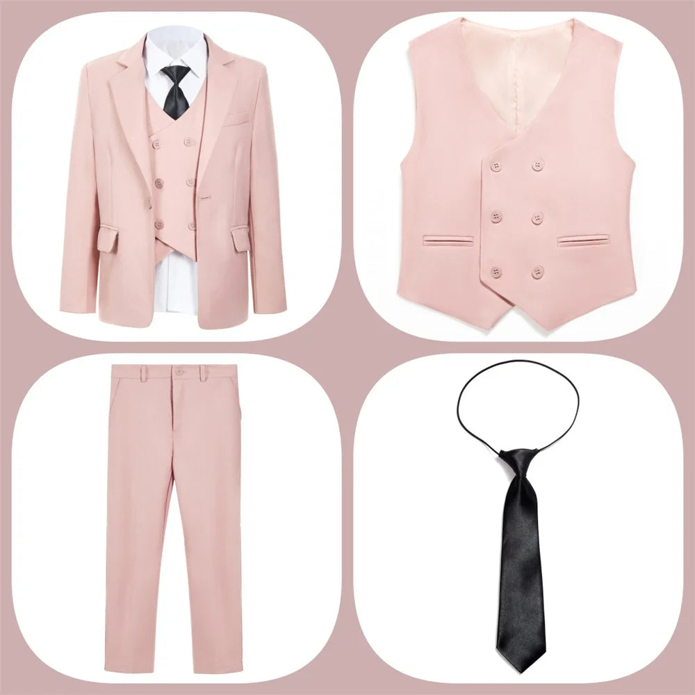Chic Solid Notch Lapel Boy's Suit Soft Blush For Boys 4-Piece Suit Modern Formal Ring Boys Includes Blazer Vest Pants