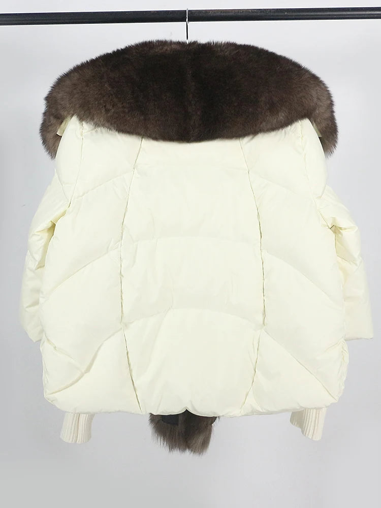 OFTUBY 2023 White Duck Down Jacket Winter Women Warm Loose Coat Natural Real Fox Fur Collar Thick Luxury Outerwear New Fashion