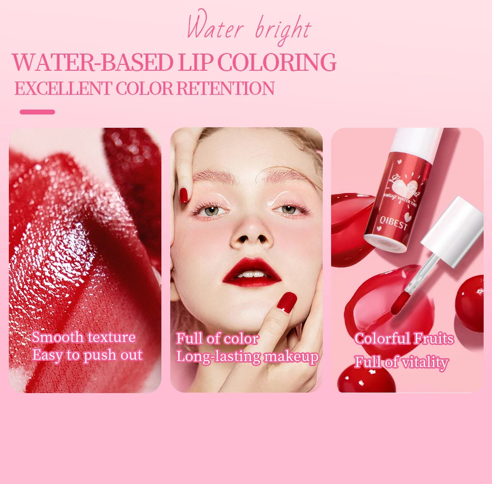 QIBEST Mirror Lip Glaze Water Lipgloss Sexy Red Lip Tint Liquid Lipstick Long-lasting Moisturizing Natural Beauty Lips Cosmetics