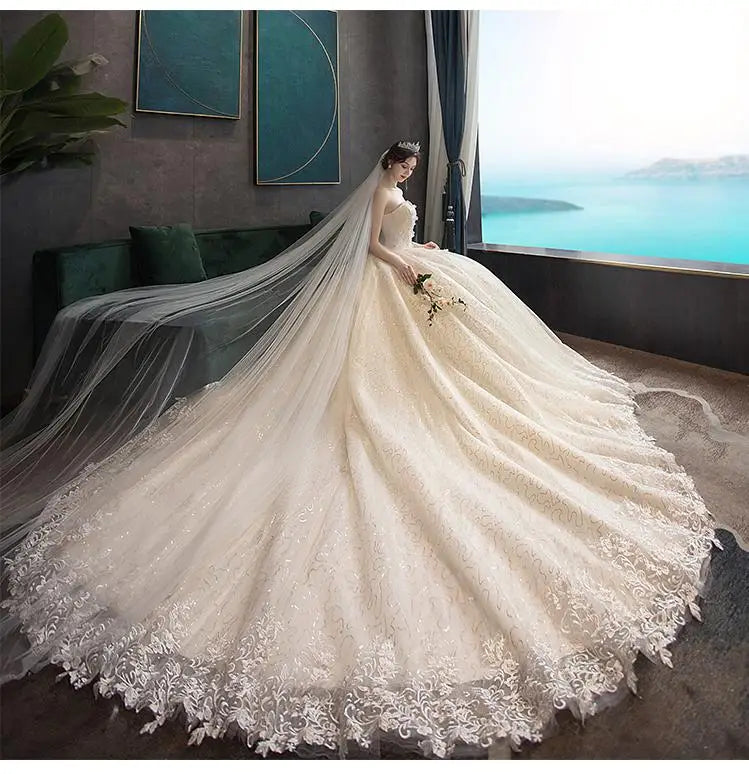 Strapless Wedding Gown With Train Shiny Wedding Party Ball Gown Luxury Lace Robe De Mariee Customized Plus Size