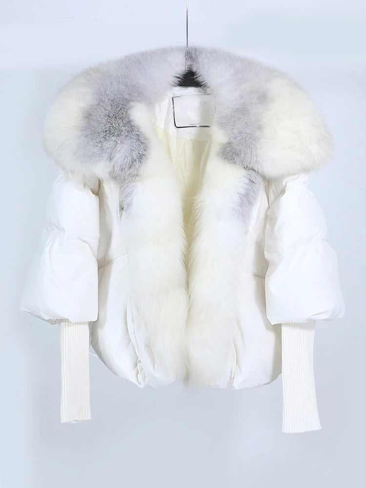 OFTUBY 2023 White Duck Down Jacket Winter Women Warm Loose Coat Natural Real Fox Fur Collar Thick Luxury Outerwear New Fashion
