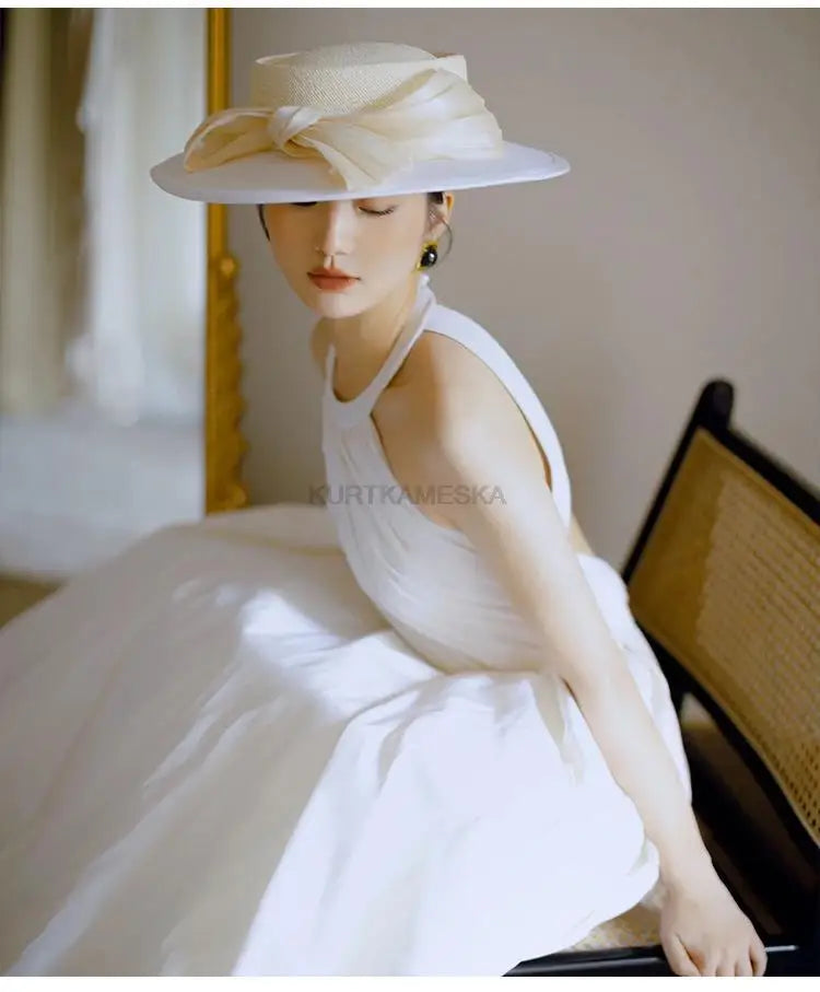 Luxury French White Satin Trailing Bride Wedding Dress Sexy Halter Backless Ball Gown Wedding Evening Prom Dresses for Women