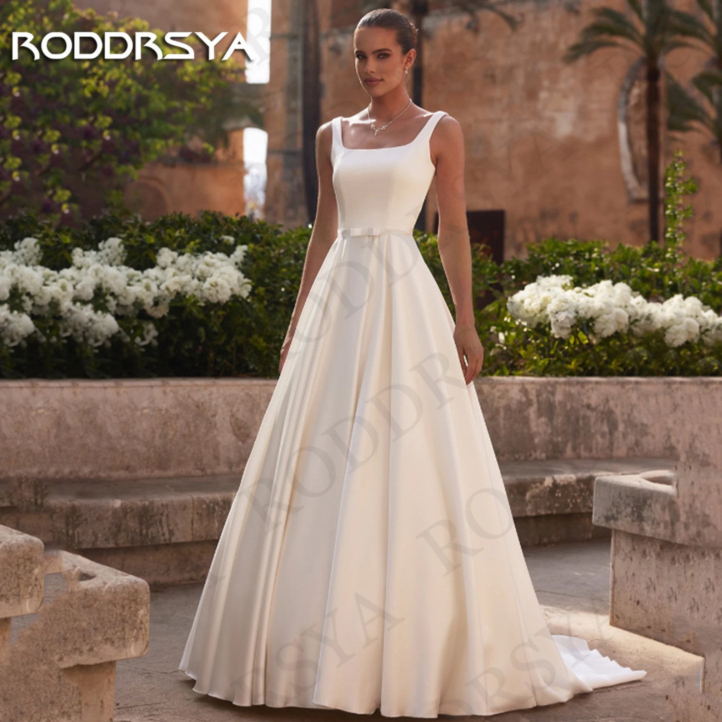 RODDRSYA Simple Satin Wedding Dress Elegant Square Neck A Line Bride Gown vestido de novia Sleeveless Spaghetti Strap Customized